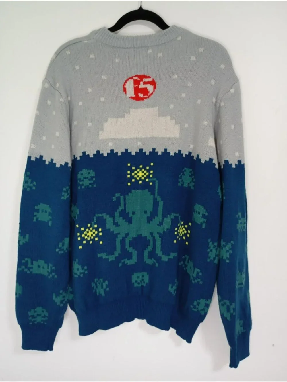 By Roody F5 Pixel Art Octopus Space-Themed Sweater Men's XL Grey Navy